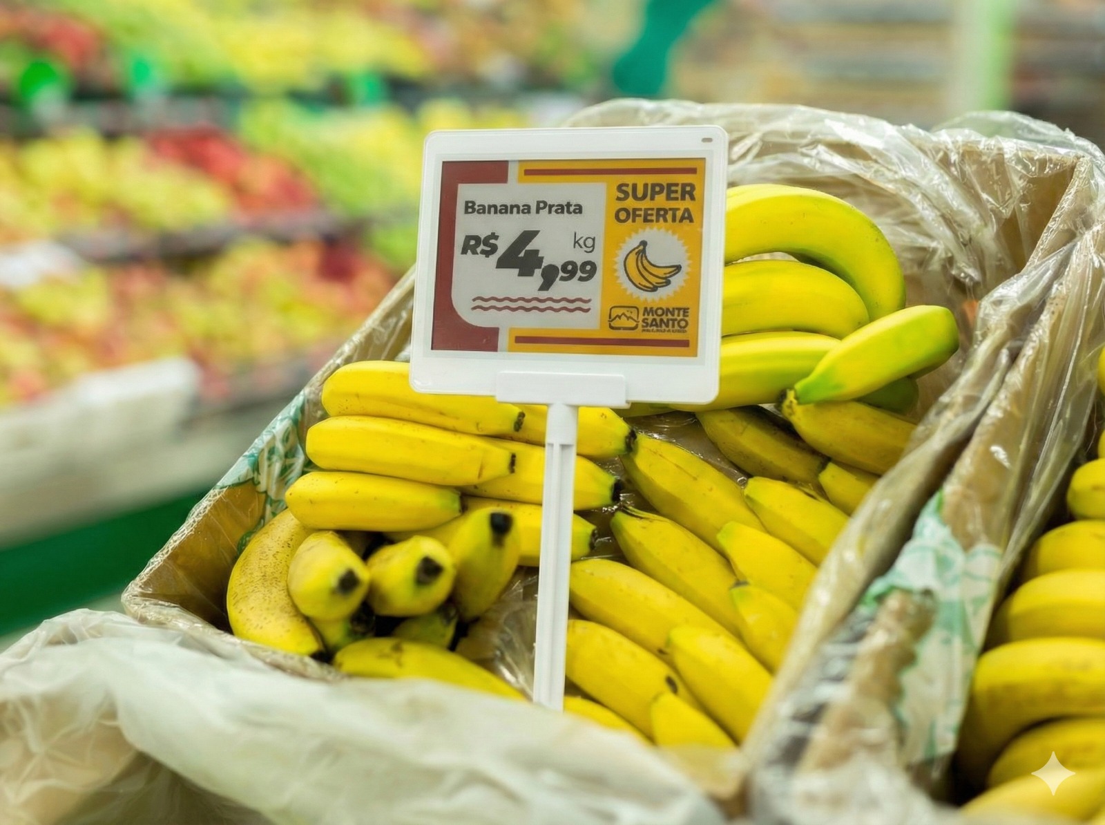 Etiqueta eletrônica em exposição de bananas