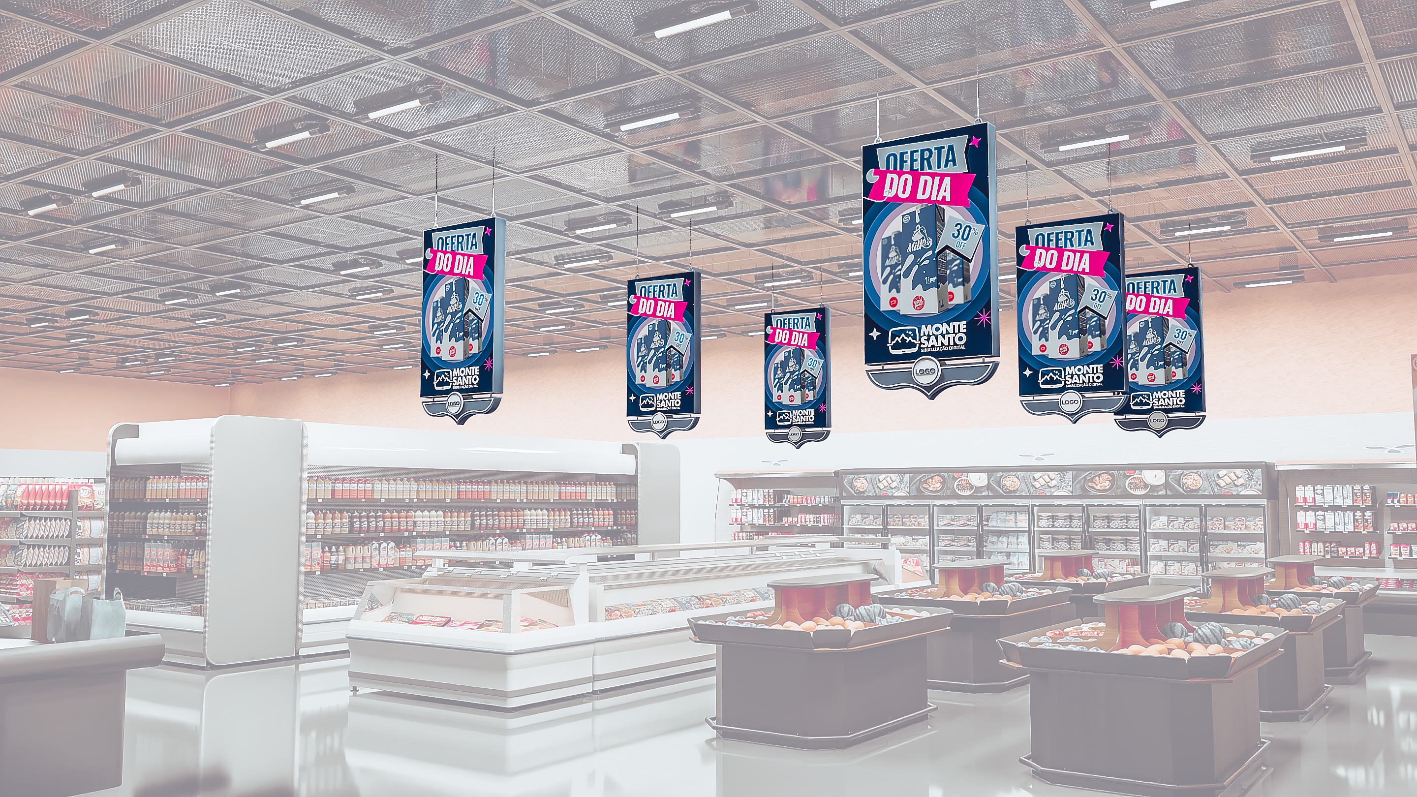 Painéis de LED aéreos dupla face verticais instalados em supermercado