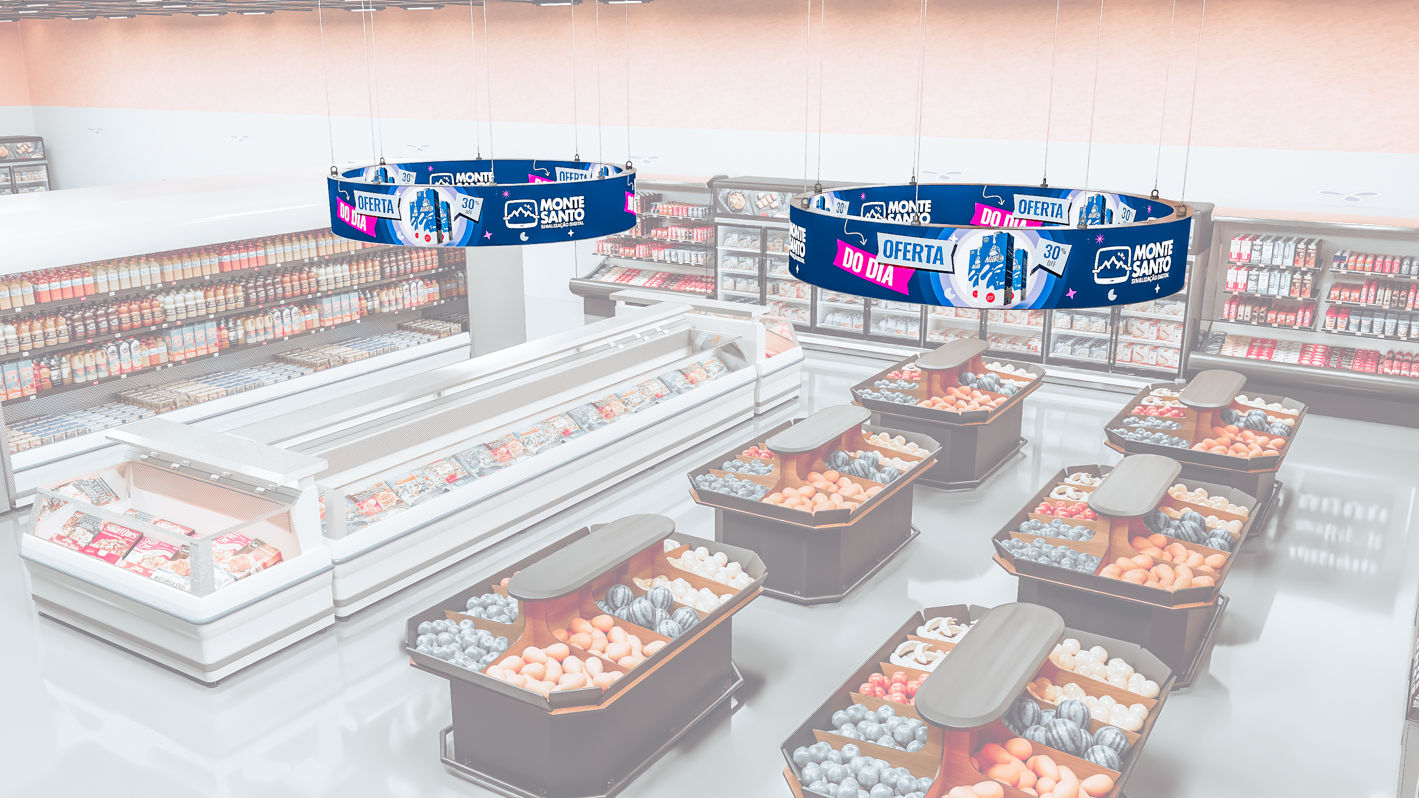 Painel de LED cilíndrico suspenso em supermercado