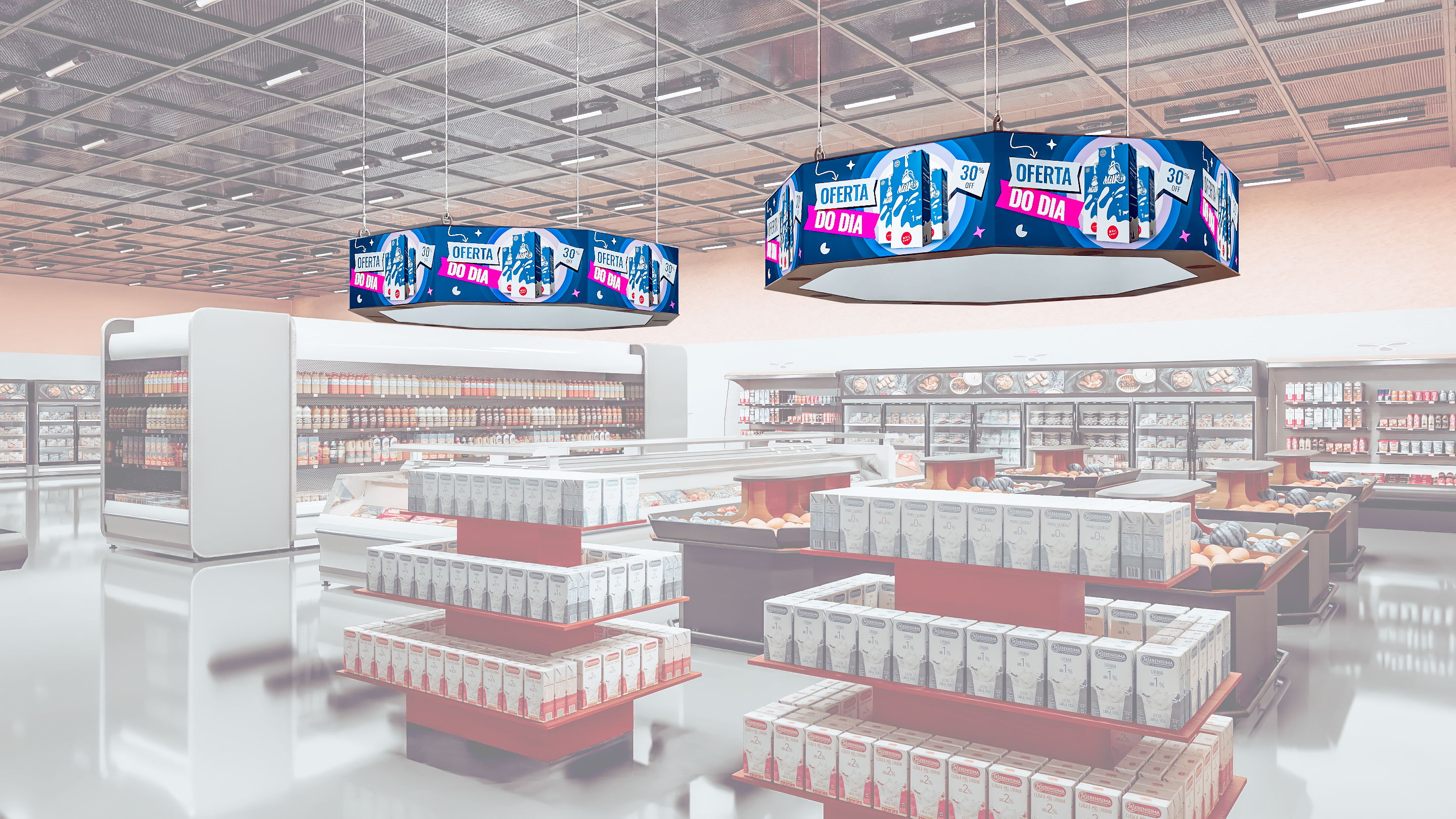 Painel octogonal suspenso instalado em supermercado