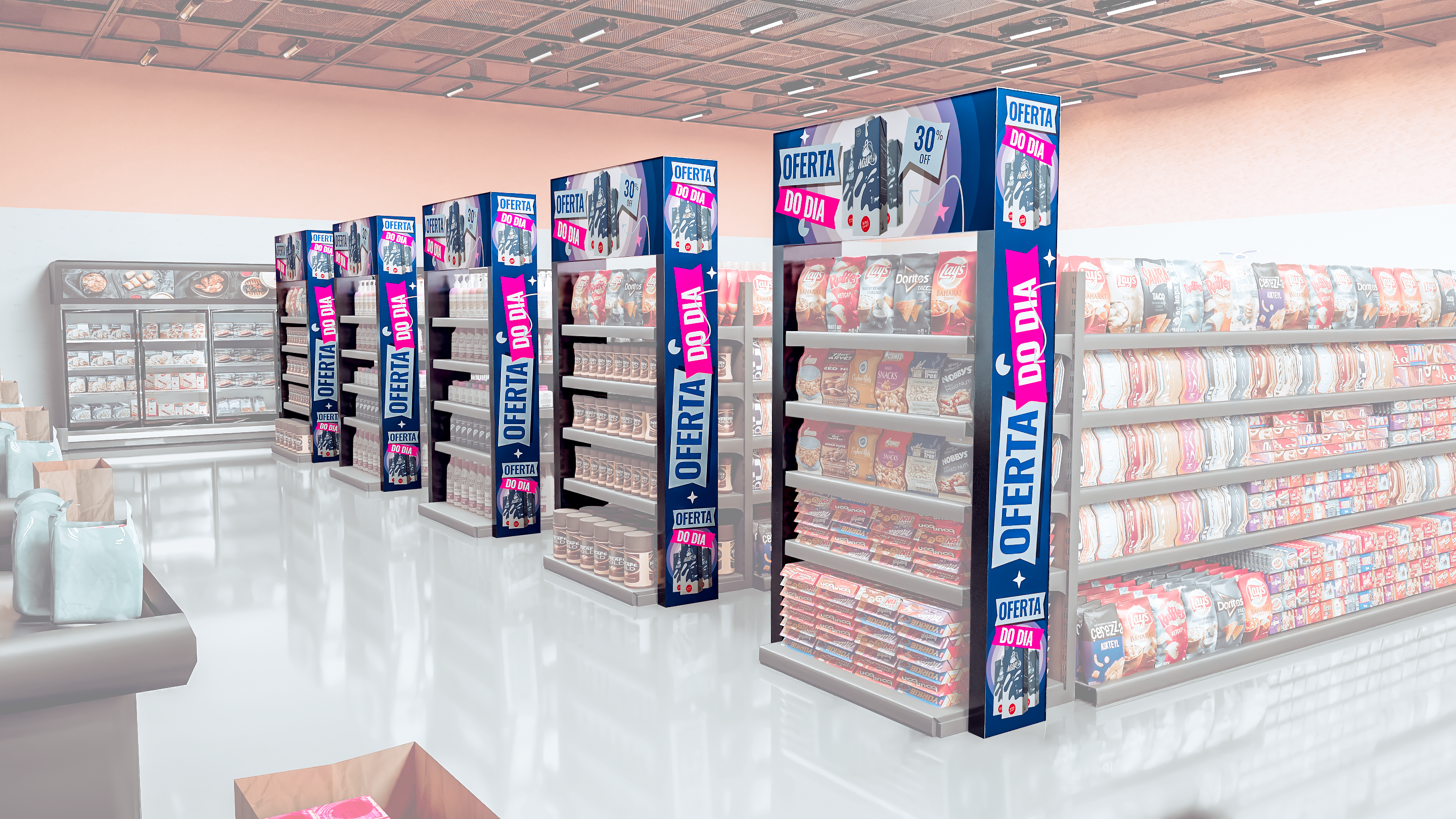 Painel de LED para topo de gôndola instalado em supermercado